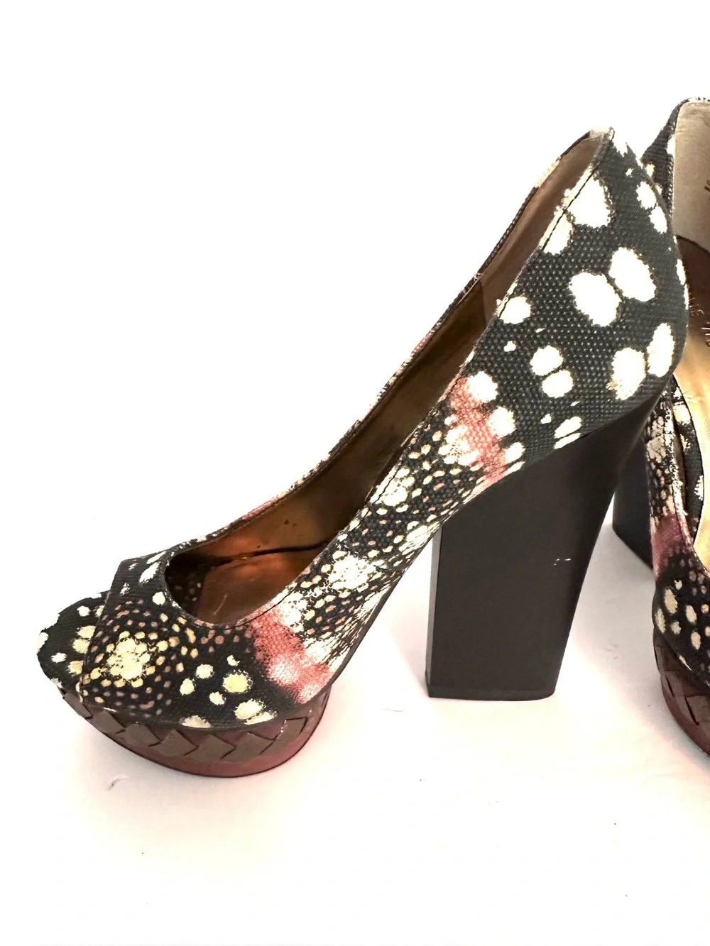 Nine West Black, Cream & Pink Patterned Platform Peep-Toe Pumps Size 7